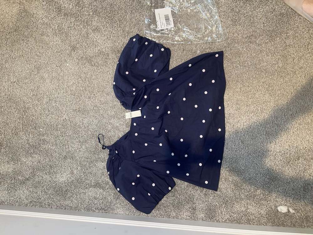 Maeve Navy Blue Polka Dot Puff Sleeve Blouse